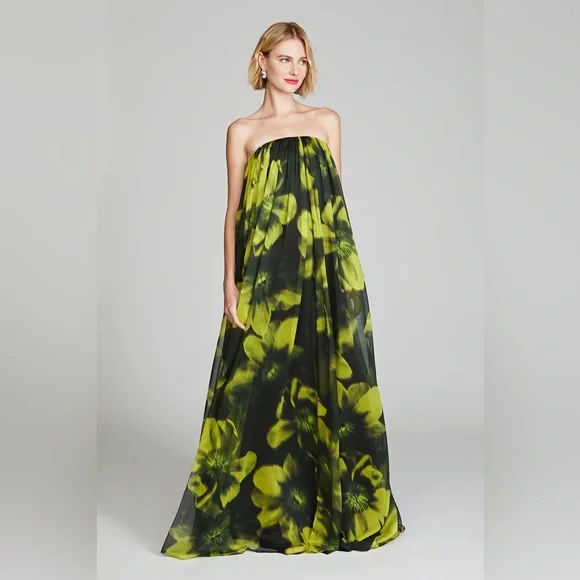 $795 HALSTON Claudette Floral Print Chiffon Strapless Gown Dress size 2 NWT - Picture 1 of 16
